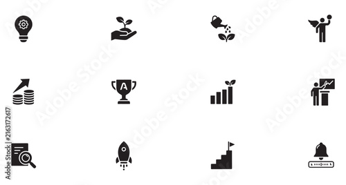 Business Growth Icons Set with Seedling, Trophy, Rocket, and Graph Elements Featuring Startup, Success