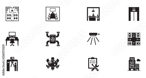 Office Icons Set, Minimalist Design with Workspace Elements, Desk, Chair, Building, and Equipment
