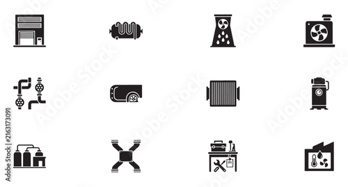 Industrial Machinery Icons Set, Representing Various Equipment and Processes Featuring Automation, Engineering