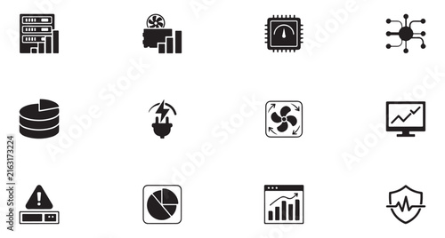 Server Icons Set with Data Storage, Cooling Fans, and Network Symbols. Modern Minimalist Design
