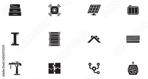 Construction Icons Set with Crane, Ladder, and Puzzle Elements. Modern Minimalist Design, Vector Illustration