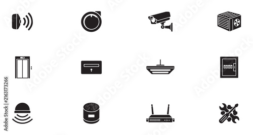 Security Icons Set with Elevator, Camera, Router, and Access Control Elements Featuring Building, Protection