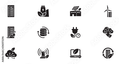 Renewable Energy Icons Set, Featuring Solar Panels, Wind Turbines, Hydroelectric Power