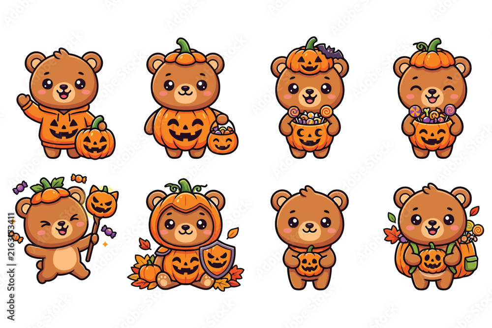 Obraz premium Happy halloween bear costumes collection with pumpkins and candy on white background.