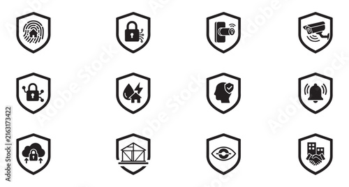 Security Icons Set with Shield, Padlock, Fingerprint, and Surveillance Elements Featuring Authentication, Protection