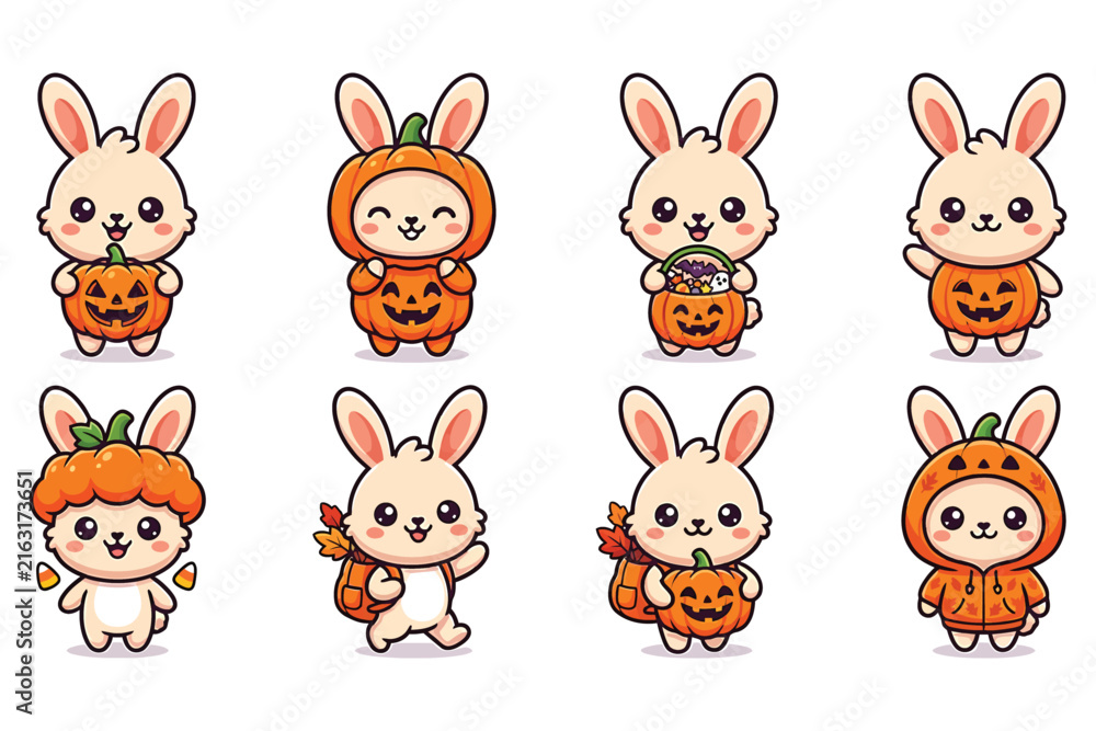 Obraz premium Adorable halloween bunny illustrations collection with pumpkins and costumes on white background.