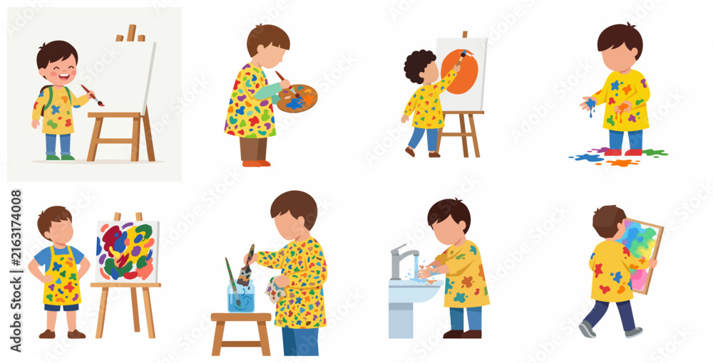 Fototapeta premium Set of flat vector illustrations featuring a young boy painting, showing creative process from using an easel to cleaning up, childhood art education and hobby concept