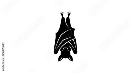 Black silhouette bat hanging upside down isolated
