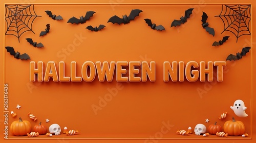 Halloween night illustration with bats, ghosts, pumpkins and spooky web decorations on orange background