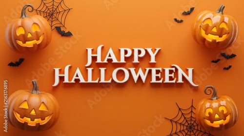 Happy halloween greeting card with pumpkins and spooky elements on warm orange background