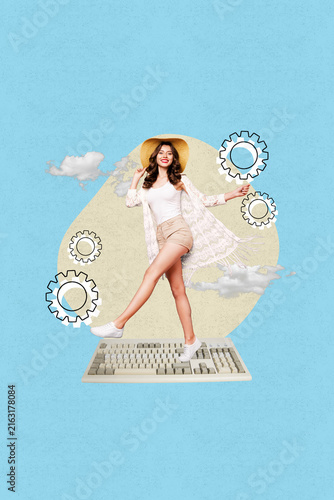 Принти на полотні Contemporary art collage of happy businesswoman businessman stand keypad wireles