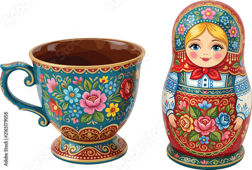 Фотография Traditional Russian Matryoshka Nesting Doll and Floral Khokhloma Style Teacup Se