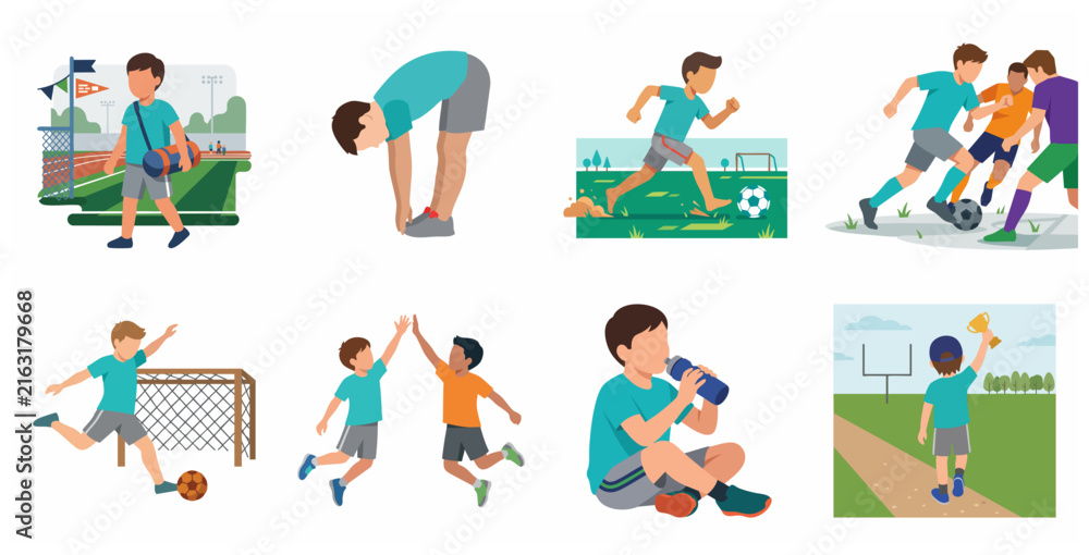 Fototapeta premium Flat vector illustration set of a young boy character practicing various soccer and football activities from training to winning a trophy.