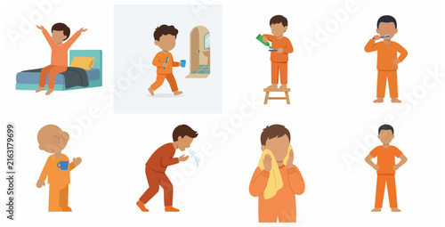 Set of illustrations showing a little boy's daily morning routine including waking up, brushing teeth and washing face