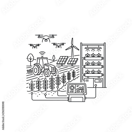 Smart farming agricultural technology, automated tractor, drone, solar panels, and vertical farm system