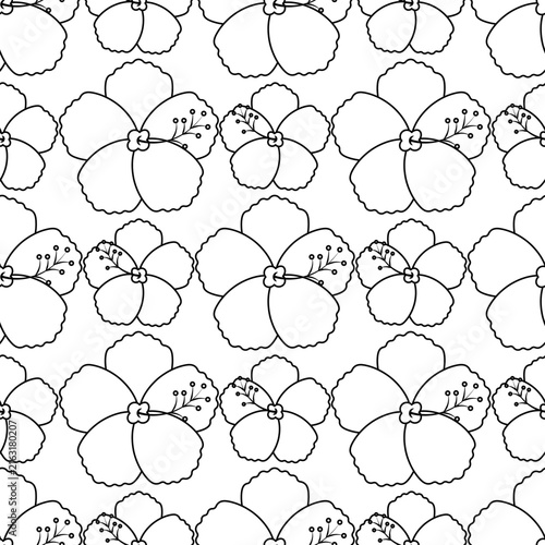 Hibiscus. China rose. Sketch. Seamless vector pattern. Endless ornament of blossoming flower.