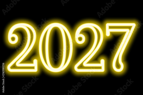 2027. Neon. Golden shining double-line number. New Year. Color vector illustration. Isolated on black background. Idea for web design, banner.