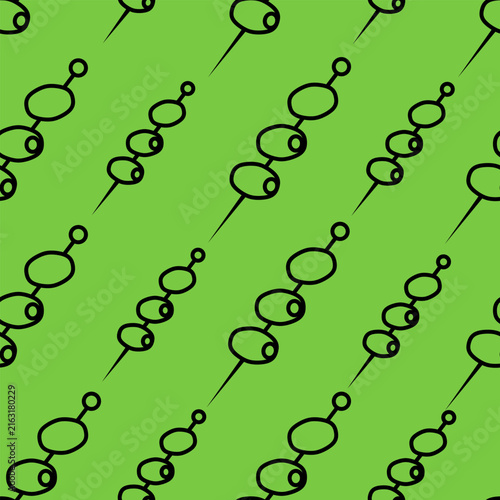 Olives on a skewer. Martini garnish. Sketch. Seamless pattern. Green background. Aperitif decor.
