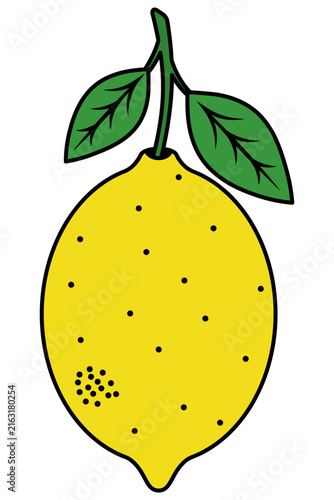 Stylized yellow lemon with green leaves. Citrus fruit. vector illustration. Tropical fruit. Cartoon.