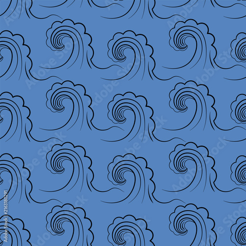 Wave. Water swirl. Sketch. Seamless vector pattern. Isolated blue background. Tsunami. Sea storm. Raging water background. Doodle style. Web design idea.