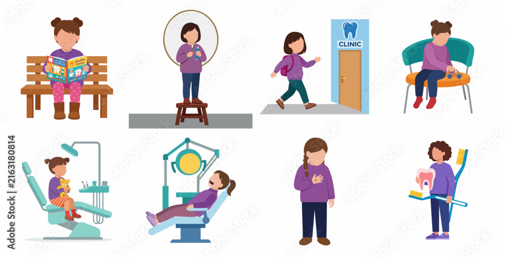Fototapeta premium Collection of vector illustrations depicting a child's journey through dental care and a dentist visit
