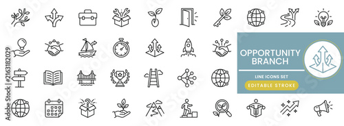 Opportunity branch icon set. containing business growth, strategic path, innovation, career ladder and more. line collection icon set with editable stroke