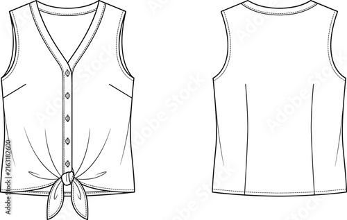 Fashion flat sketch of a sleeveless vest garment with front and back views displayed