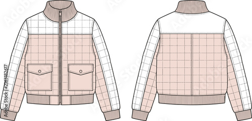 Fashion flat sketch of a quilted jacket with a high collar and front pockets