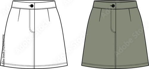 Two variations of a women's knee length a line skirt in white and olive green