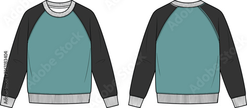 Fashion flat sketch of a teal and black long sleeve varsity style jacket