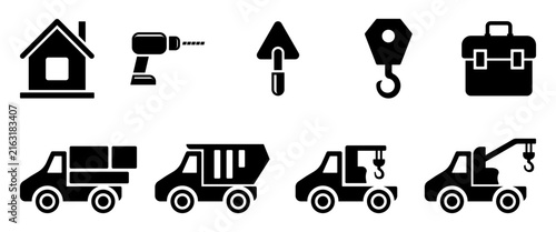 Construction Site Vehicles Silhouettes Crane and Delivery Truck Icons