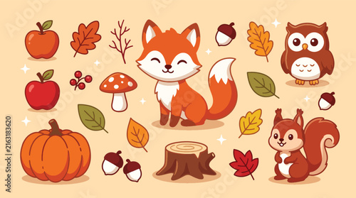 Cute Autumn Forest Animals and Nature Elements Collection with Fox Owl and Squirrel.
