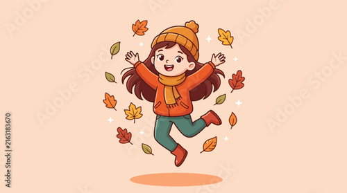Cute cartoon girl jumping happily with falling autumn leaves.