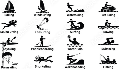 Water, sports, activity, summer, ocean, sea, beach, vacation, recreation, set, icons, marine, aquatic, extreme, adventure
