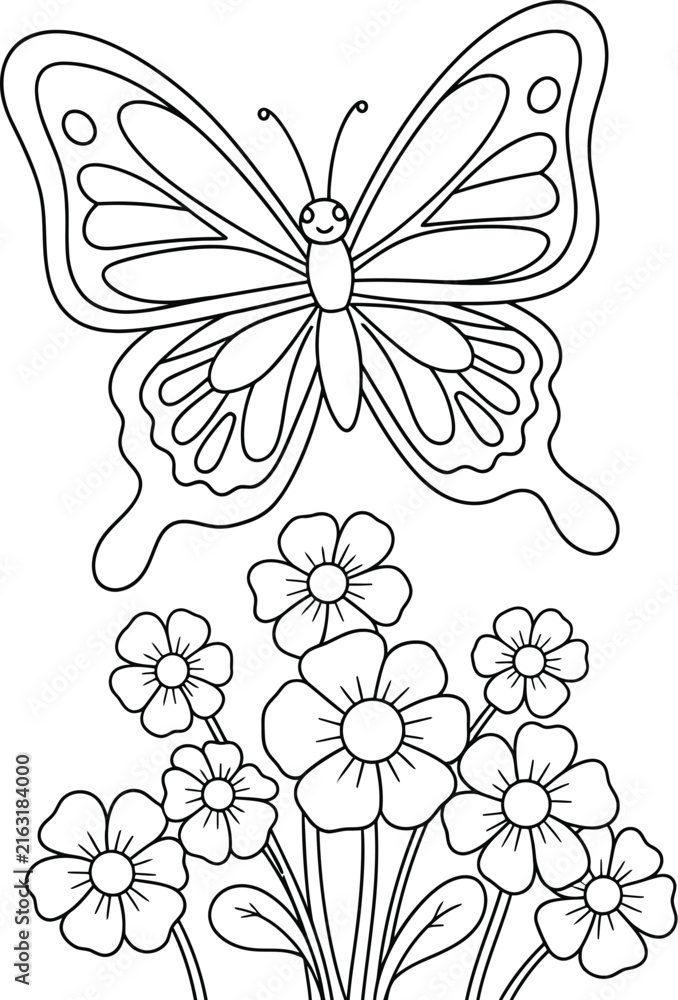 Fototapeta premium A black and white coloring page featuring a beautiful butterfly flying above a cluster of small flowers