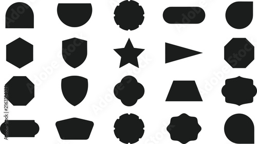 Collection of various black geometric shapes and forms on a white background