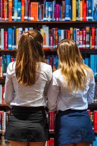 Two schoolgirls lean over a book together in a bright library, showcasing a sweet moment of friendship, focus, and discovery.