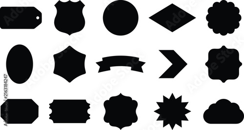 Collection of various black silhouette shapes and labels for design or branding projects