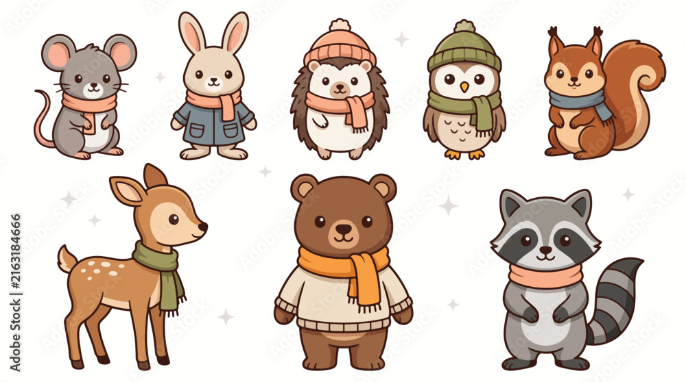 Fototapeta premium Cute Woodland Animals in Winter Clothes Collection Featuring Bear Deer Raccoon and Others.