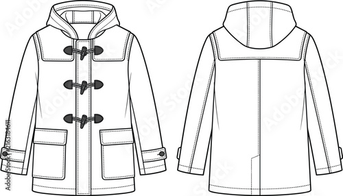 Technical fashion illustration of a hooded duffle coat with toggle closures front and back views
