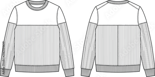 Fashion technical illustration of a long sleeved sweater with ribbed detailing and crew neck