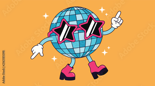 Retro disco ball character wearing star sunglasses and pink boots dancing.