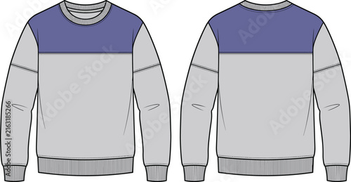 Technical fashion illustration of a casual crewneck sweater in gray and purple tones