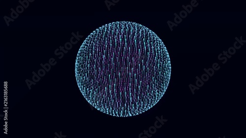 3D Digital Particle Sphere Motion Graphics, Rotating Cyber Network Globe Animation with Cyan Purple Light Dots on Dark Background