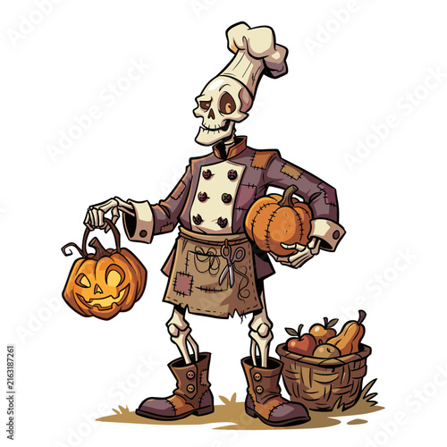 Skeleton chef holding pumpkins for halloween vector illustration