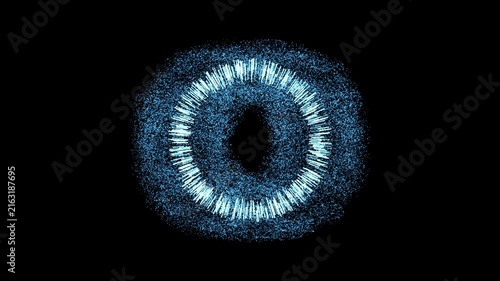 Abstract Blue Particle Ring Pulsing Motion Graphics, Glowing Sci-Fi Eye Iris Audio Spectrum Loop Animation on Black Background