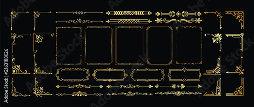 Set of luxury golden vintage frame borders and corner decorative elements for invitation.