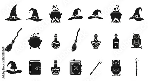 Obraz na płótnie Witchcraft silhouette icons set, magic halloween symbols collection, black wizar