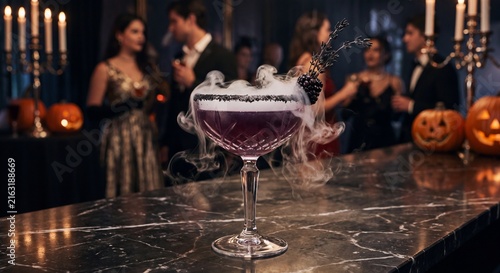 Spooky purple Halloween cocktail with dry ice smoke effect at elegant masquerade party