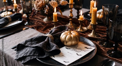 Elegant Halloween dinner table setting with golden pumpkin candles and bat menu
